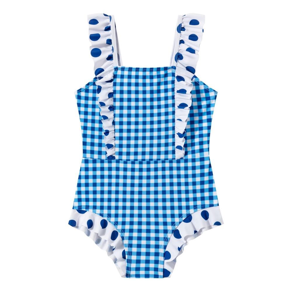 LIZENS Girls Toddler One Piece Swimsuit 6-7T Blue White Gingham Polka Dot Ruffle